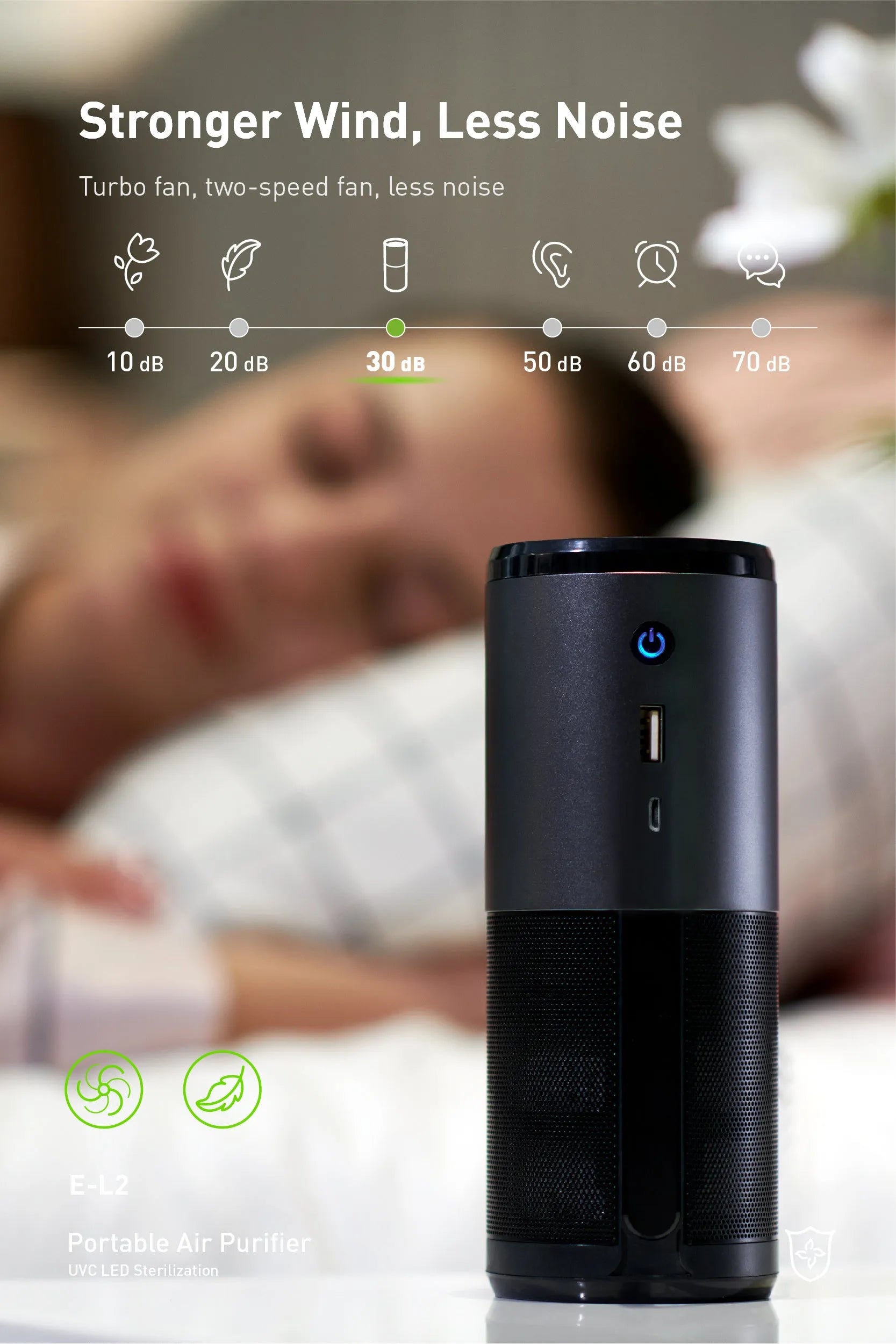 Portable mini car air purifier in black or rosebox, 6.2 cm by 17.2 cm, with smart sensor and USB charging
