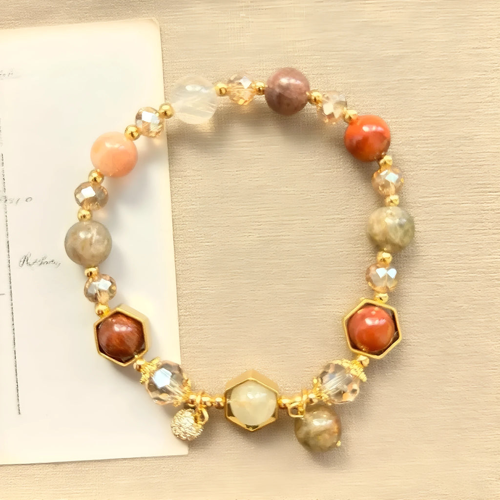 Gold luxury citrine bracelet with 8mm crystal beads and Chinese auspicious symbols including Fu character