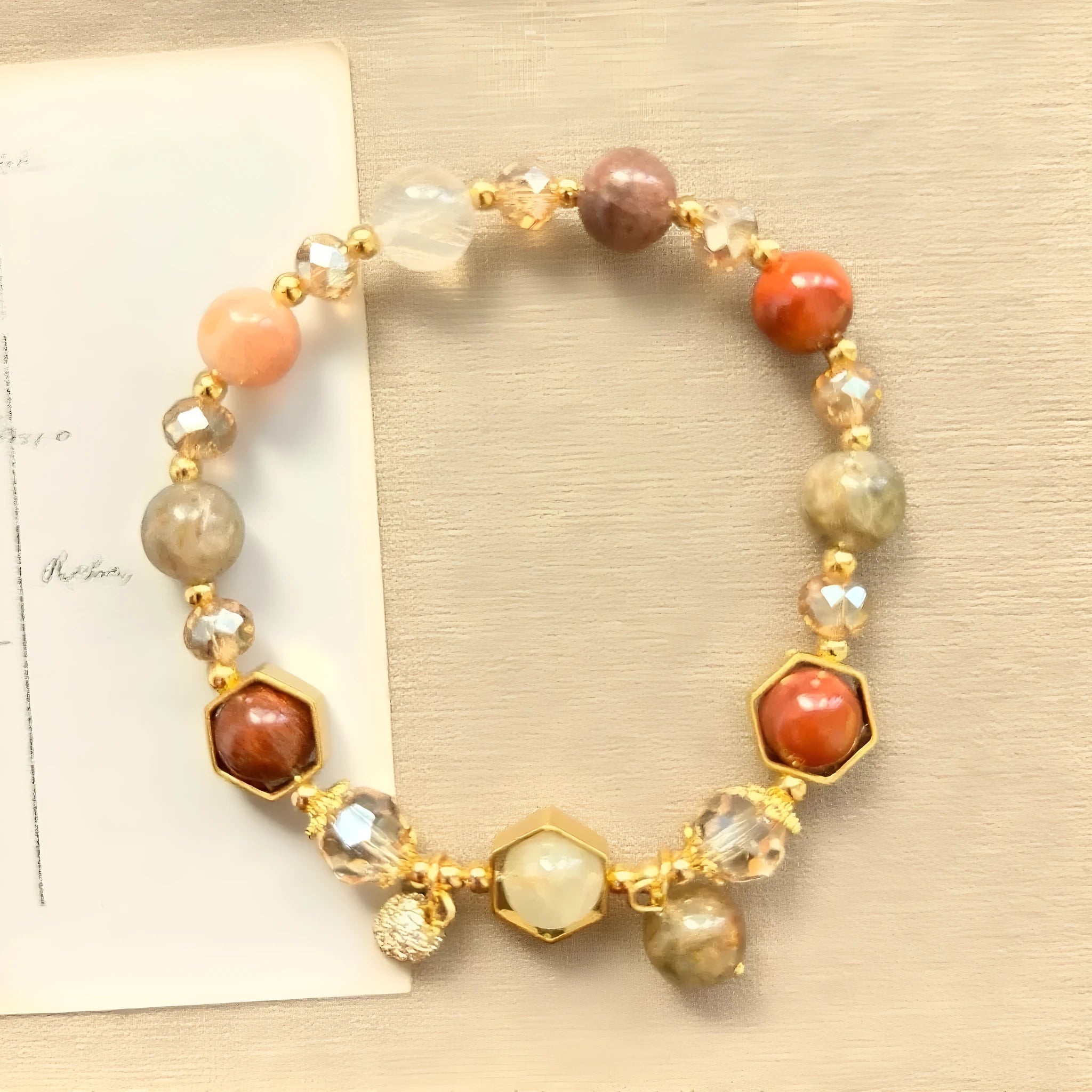 Gold luxury citrine bracelet with 8mm crystal beads and Chinese auspicious symbols including Fu character