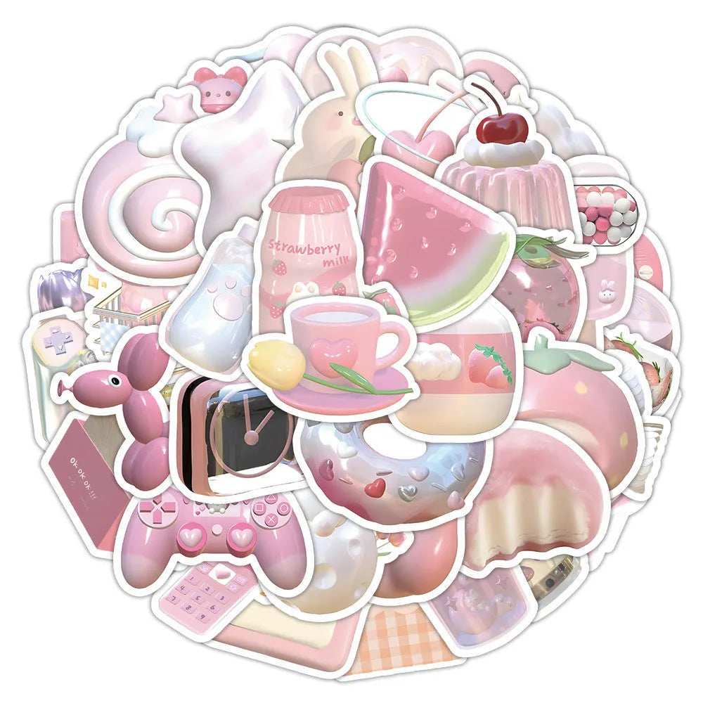 Light colour realistic 3D decorative stickers with pink girl heart designs, 63 pieces per pack