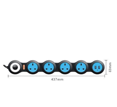 UK standard five socket extension lead with two USB charging ports and 4 metre cable