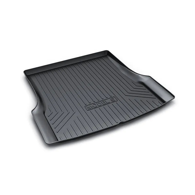 Rubber floor mats for Tesla cars with TPE footrest, custom-fit to Model 3, Y, S, X interiors, showing non-slip backing and textured surface