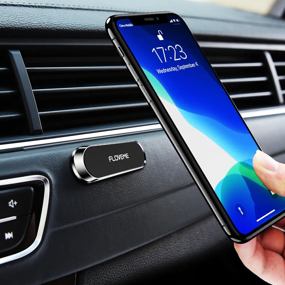 Black magnetic car mobile phone holder with square silver iron sheet and adhesive backing