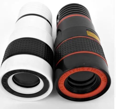 12X phone telescope attached to mobile phone with clip, showing extended lens for zoom photography