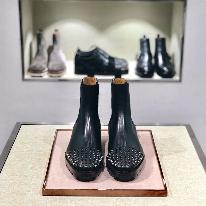 High-top leather business casual shoes with cowhide upper and leather sole in black and black-orange style options