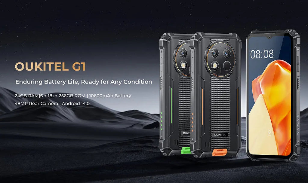OUKITEL G1 mobile phone in grey, green, or orange colour on a plain background.