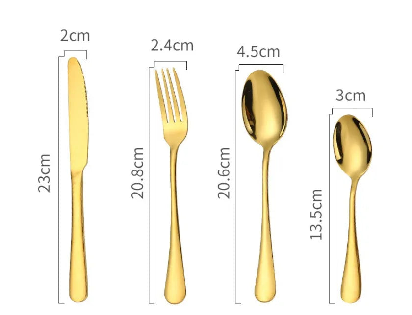 24-piece stainless steel cutlery set showing knives, forks, tablespoons and teaspoons in multiple finish colours