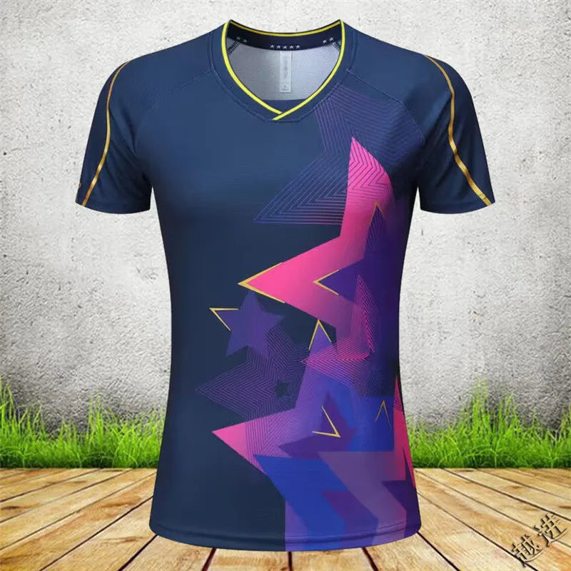 Badminton outfit set showing short-sleeved top and trousers in sapphire blue colour