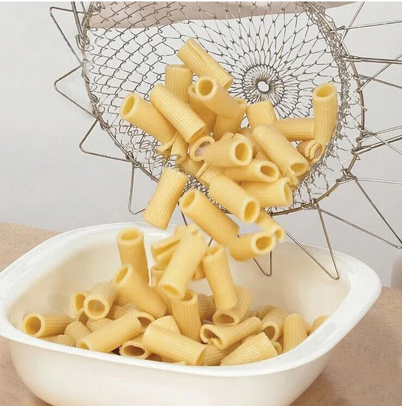 Stainless steel deep fry basket with foldable handle, showing water-permeable grid design for kitchen use