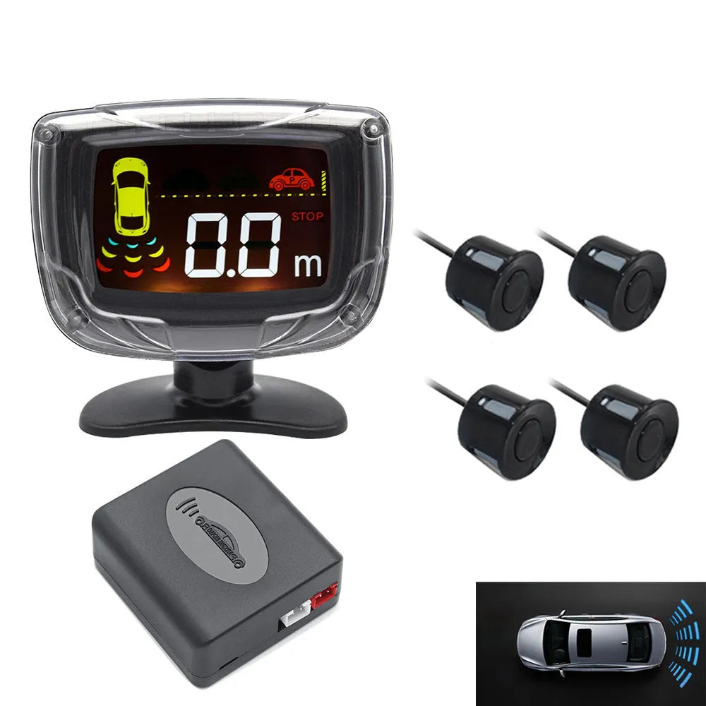 Wireless vehicle reversing sensor system with display unit and four embedded probes for obstacle detection