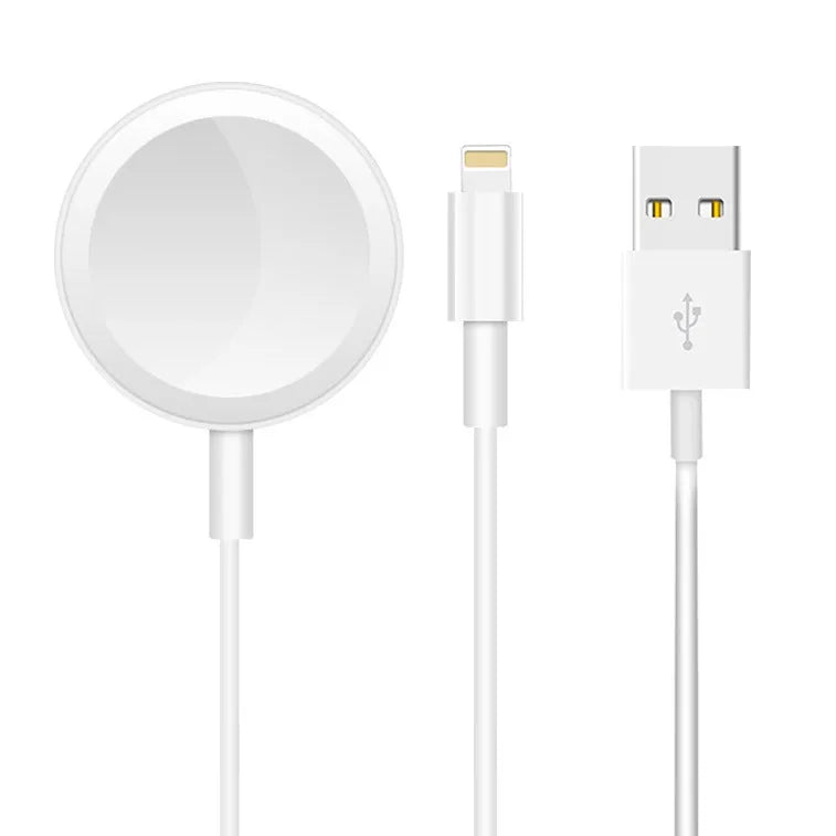 White two-in-one wireless charging stand for smartwatches with USB connection