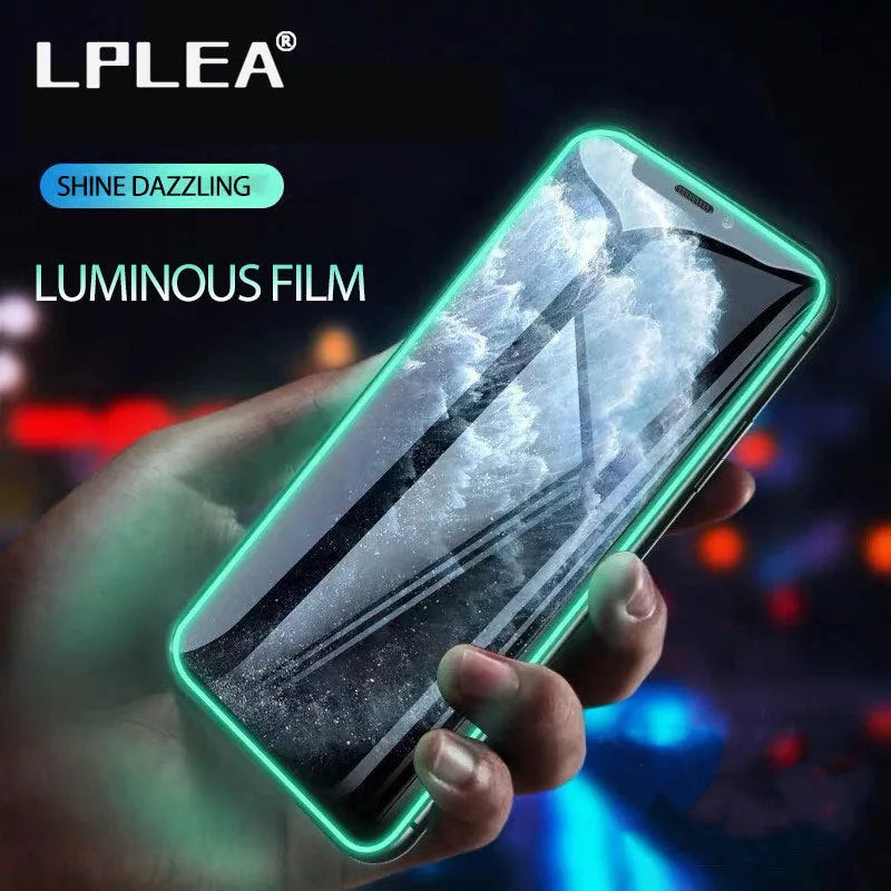 Luminous tempered glass screen protector glowing on iPhone in dark room with 9-layer protection diagram