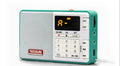 Tecsun Q3 portable digital audio player in multiple colours showing front button layout and compact size.