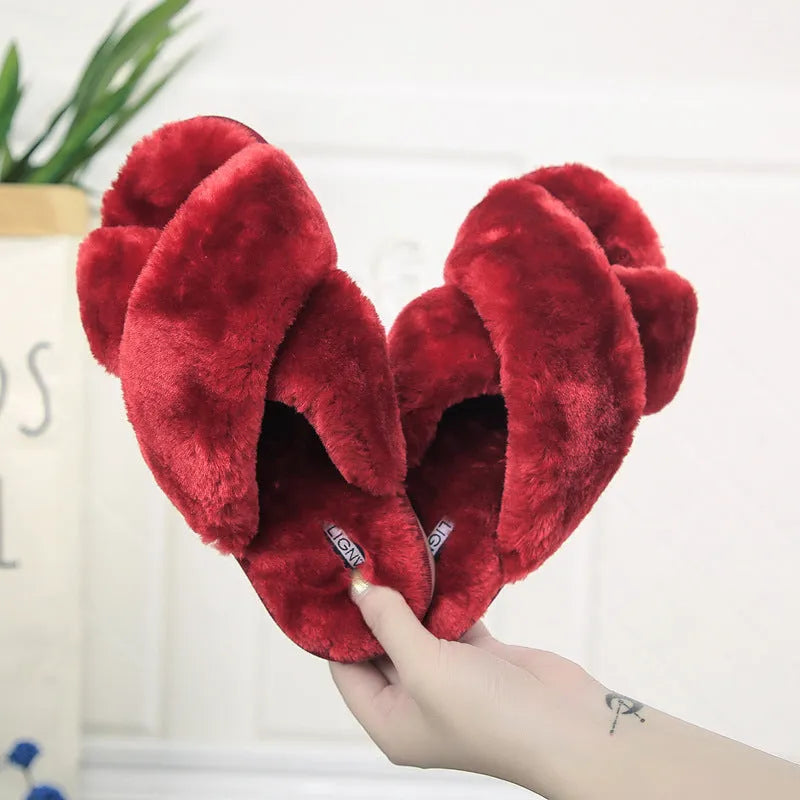 Cross open-toe fur slippers with non-slip patterned soles and anatomical heel support in black colour