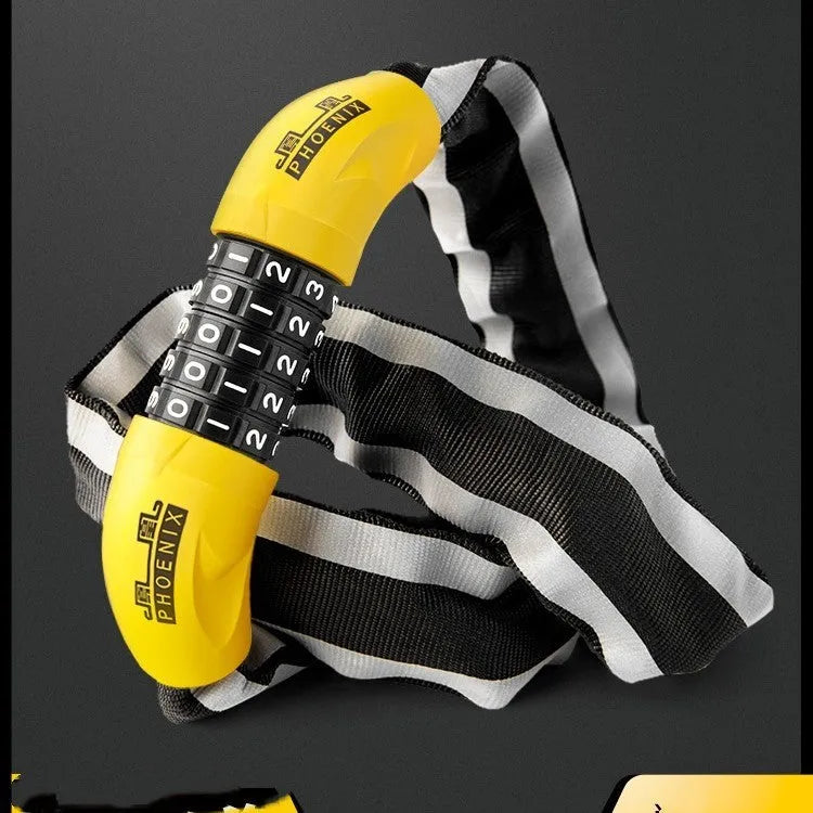 Black and yellow 95cm zinc alloy mountain bike chain lock with keychain and password combination options.