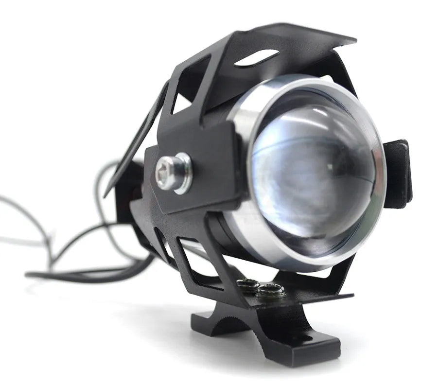Waterproof LED motorcycle headlight auxiliary spotlight, 3000LM, IP54, aluminium alloy, black silver blue yellow options.