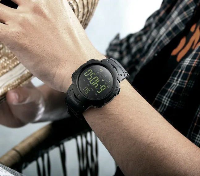 Black and army green Bluetooth smart watch with 50mm dial and stainless steel buckle for iPhone and Android compatibility