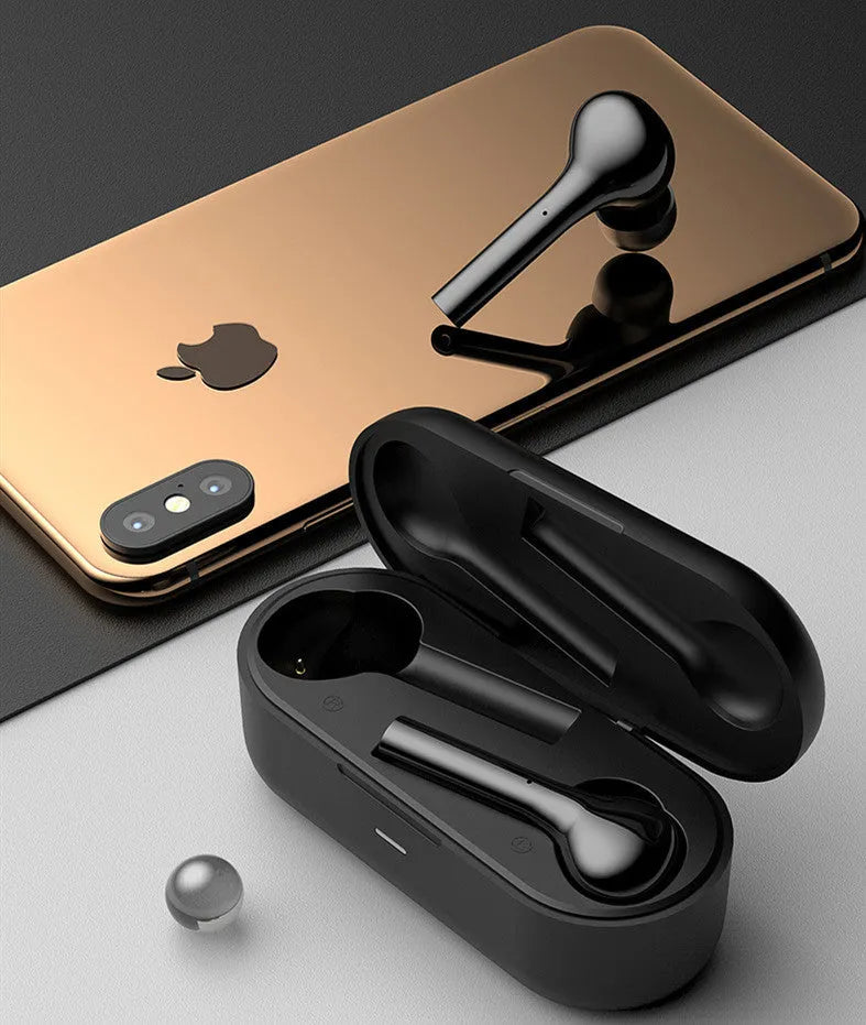 Black and white touch-controlled wireless in-ear headphones with a charging case.