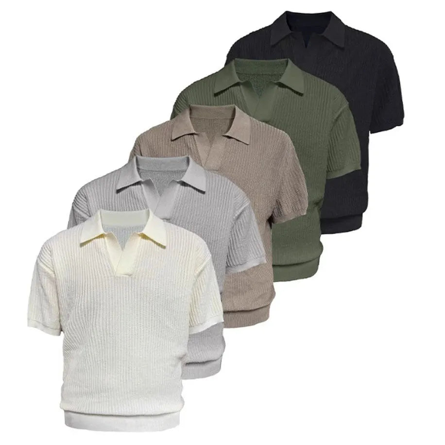 Man wearing a creamy-white loose-fit polo shirt with a striped collar, short sleeves, made of breathable ice silk fabric.