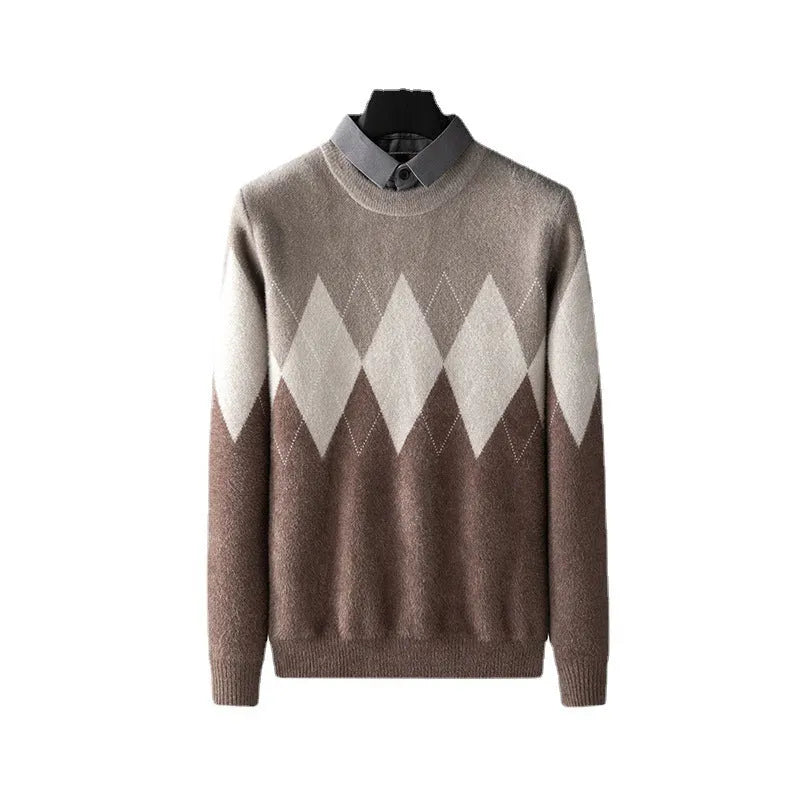 Men's diamond block fake two-piece imitation mink bottoming shirt in grey or camel, polyester blend, sizes M to 4XL.