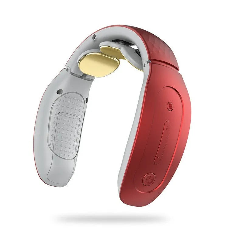 Red and white intelligent cervical massager with battery and controls for neck, back, and leg relief