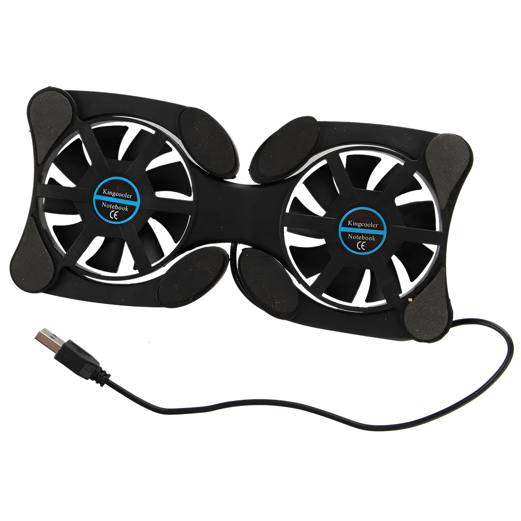Black folding laptop cooling pad with two 70mm fans, USB powered, 32 x 14.5 x 2cm open