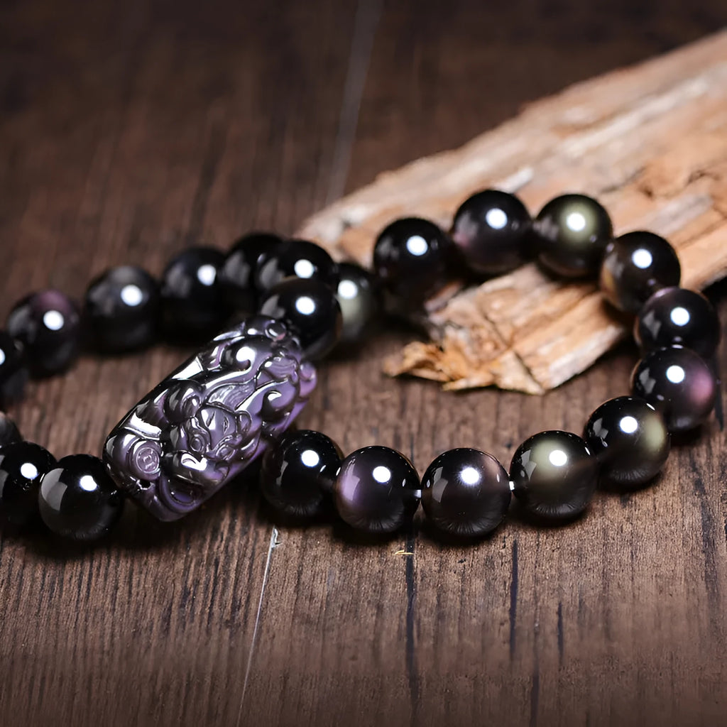 Crystal Natural Icy Obsidian Pi Xiu Bracelet with geometric beads in collection-level double-eye ice stone