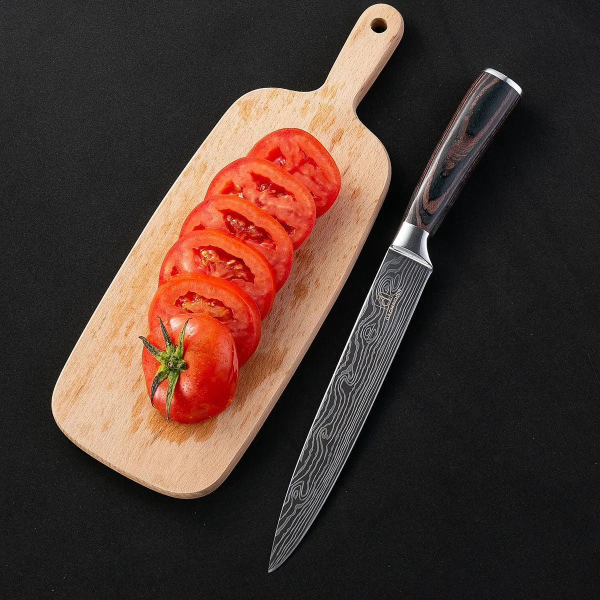 Professional kitchen knife with laser Damascus pattern on 7CR17 stainless steel blade, colour steel handle