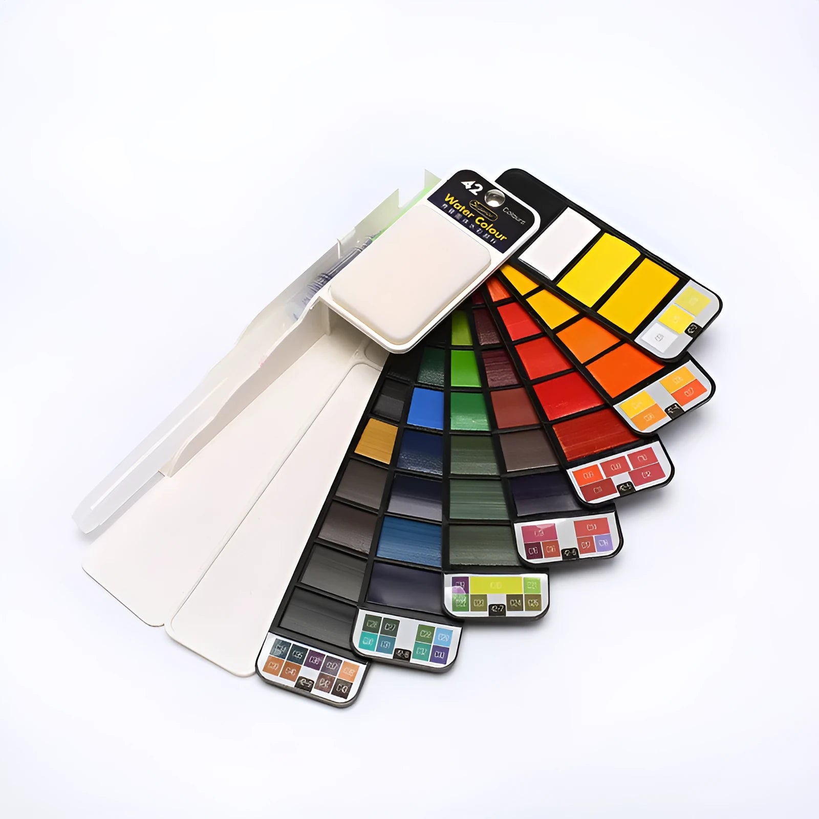Fan-shaped foldable solid watercolour paint set in transparent box with fountain pen and accessories