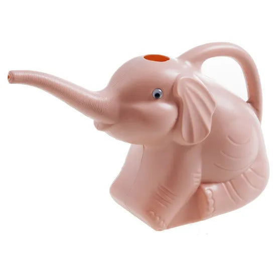 A pink plastic watering can shaped like a sitting baby elephant with a long spout.