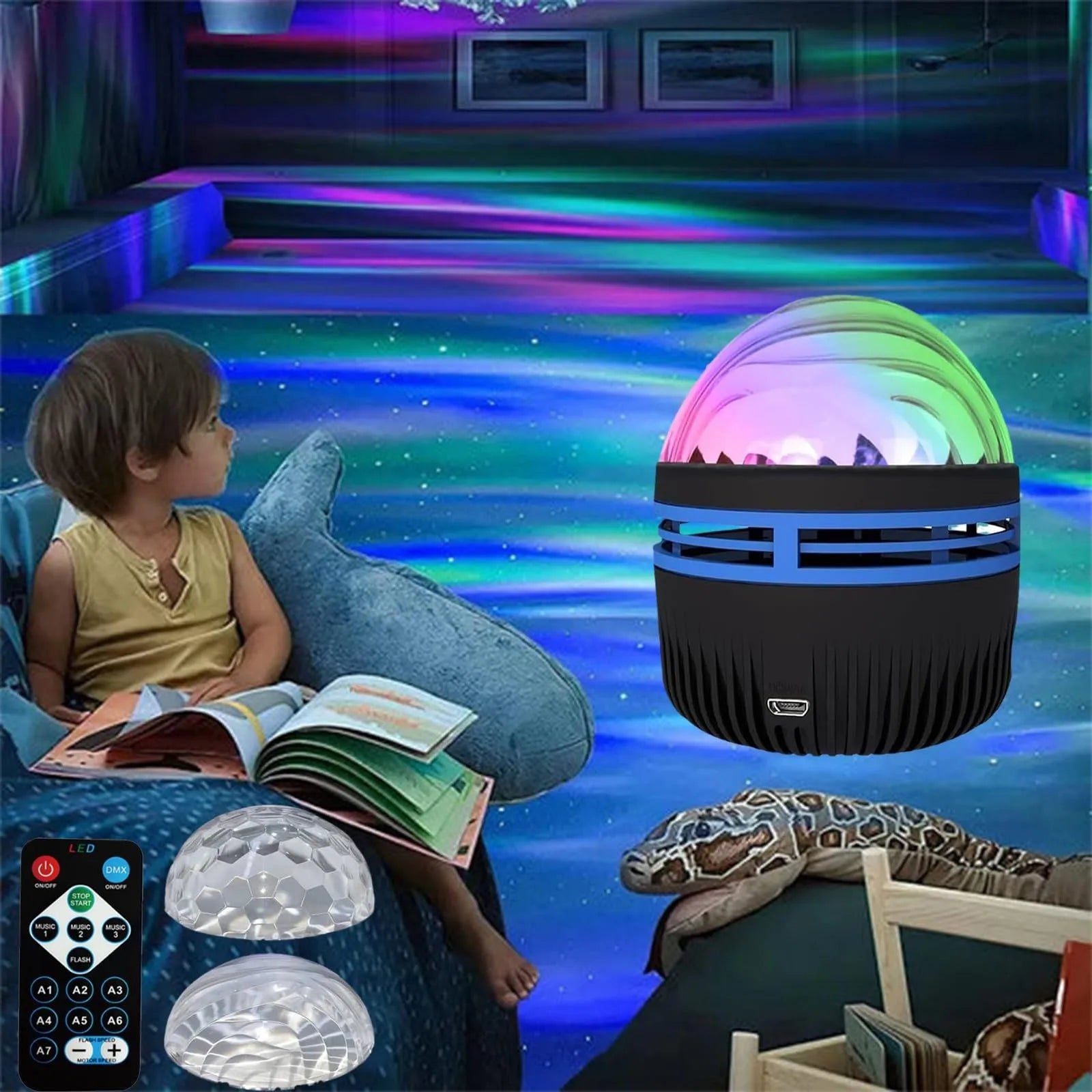 LED star galaxy projector lamp with rotating effects, acrylic shade, and 5V USB power for bedroom or party use