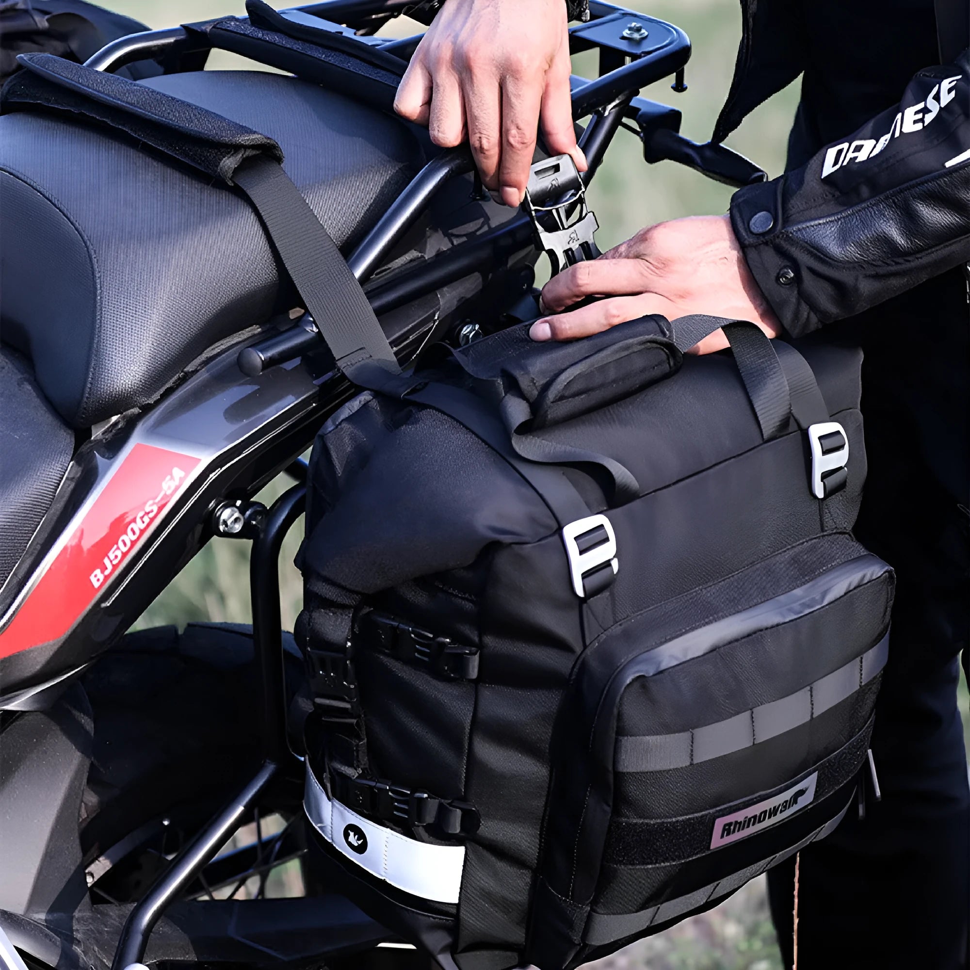 20-litre quick-release motorcycle side bag in black or army green polyester construction
