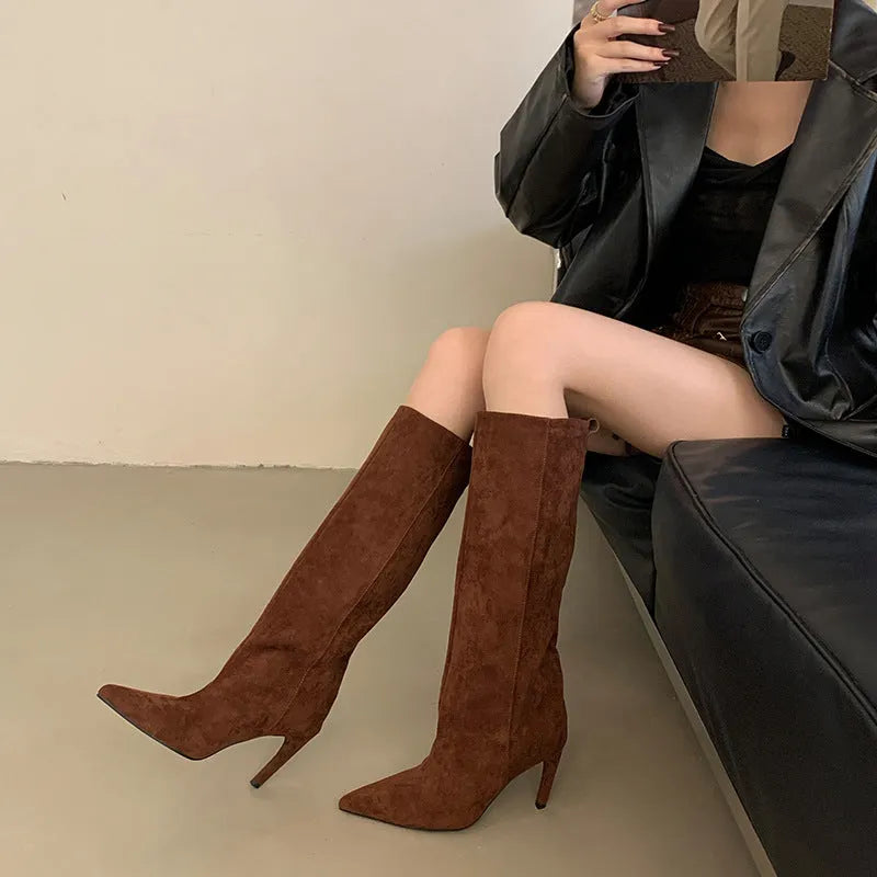 Women's satin pointed toe stiletto high boots in black, apricot or coffee, sizes 35 to 40