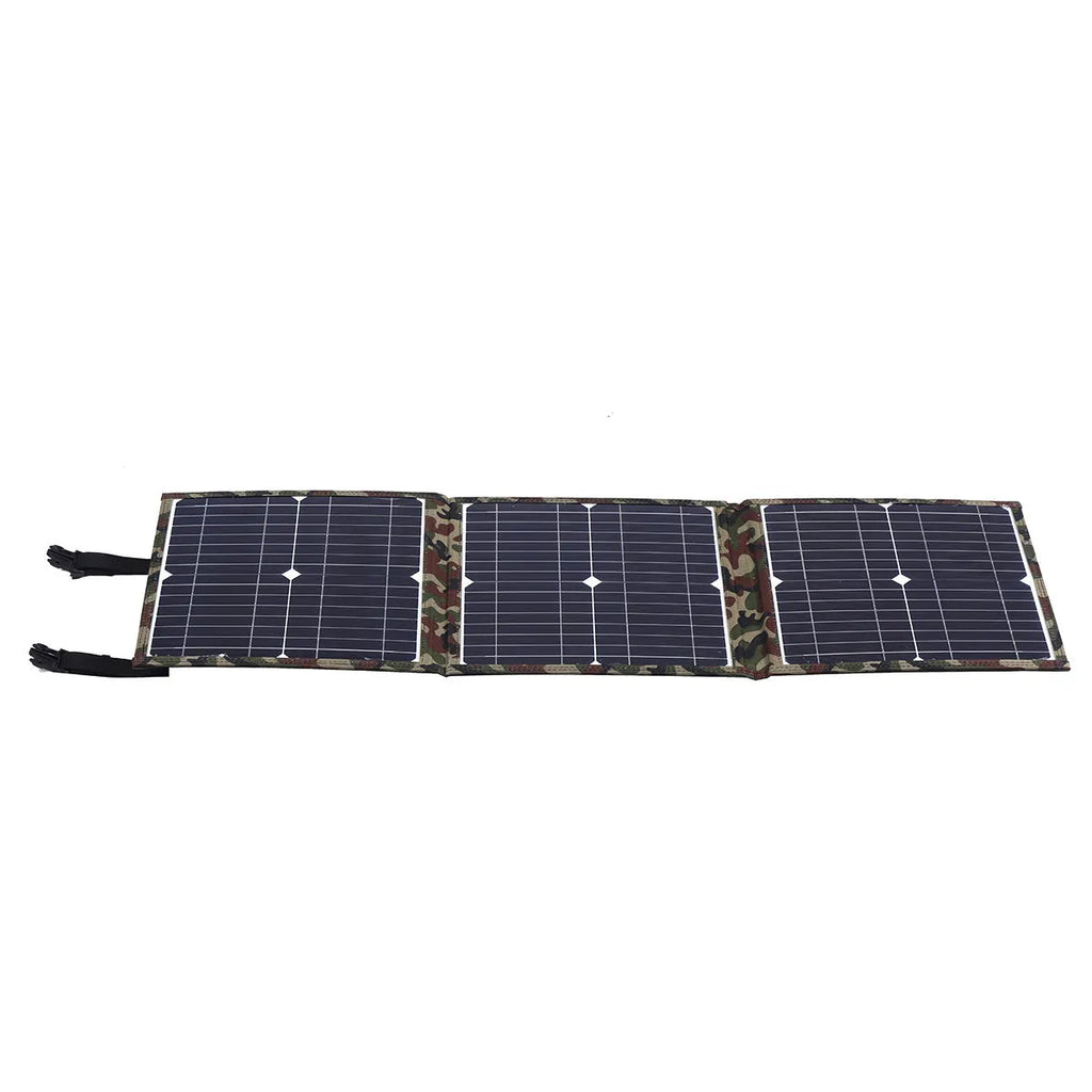 Black foldable solar panel showing three monocrystalline silicon cells, folded to 87cm length with carrying bag and accessories