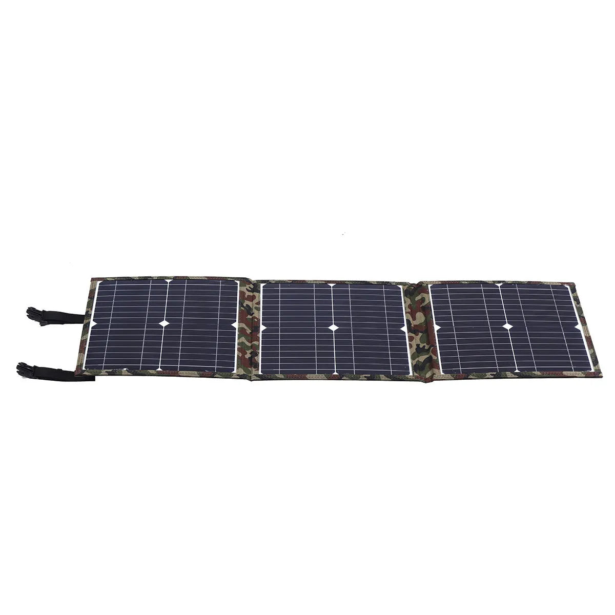 Black foldable solar panel showing three monocrystalline silicon cells, folded to 87cm length with carrying bag and accessories