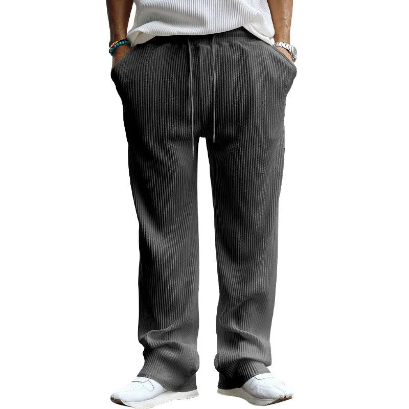Men's loose striped high waist straight trousers in army green with micro elasticity for casual wear