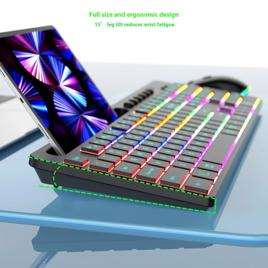 Wireless keyboard and mouse one-piece set with luminous keys and a card slot on a desk.
