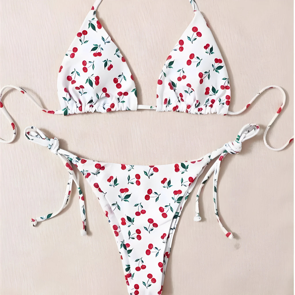 Solid colour women's halter bikini set with briefs and backless design.