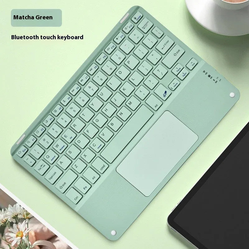 Square Hat Touch Bluetooth wireless keyboard with full-colour touch keys in various colours on a desk