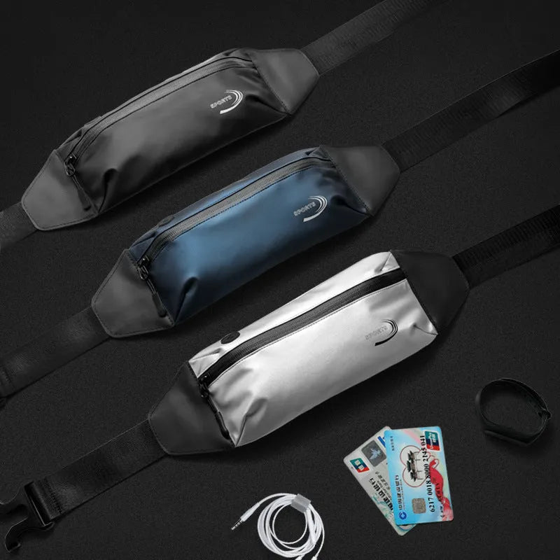 Men's blue waterproof sports waist bag showing 45cm length and adjustable strap