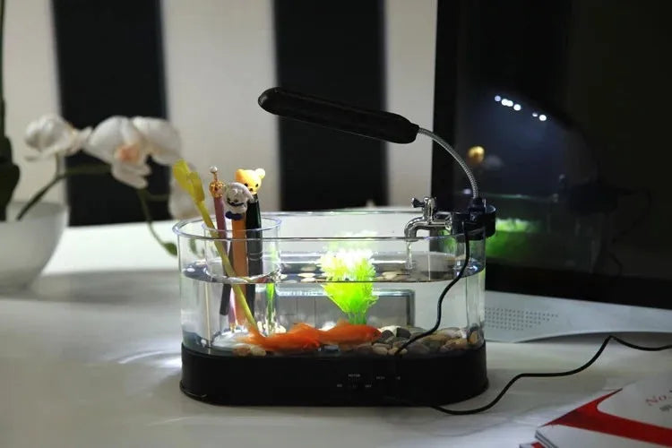 Black USB desktop mini aquarium pen holder with transparent tank and time, date, week, temperature display