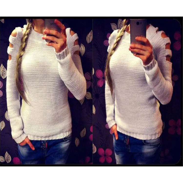 Women's grey hollow-out knitted shirt with crocheted detailing and round neckline