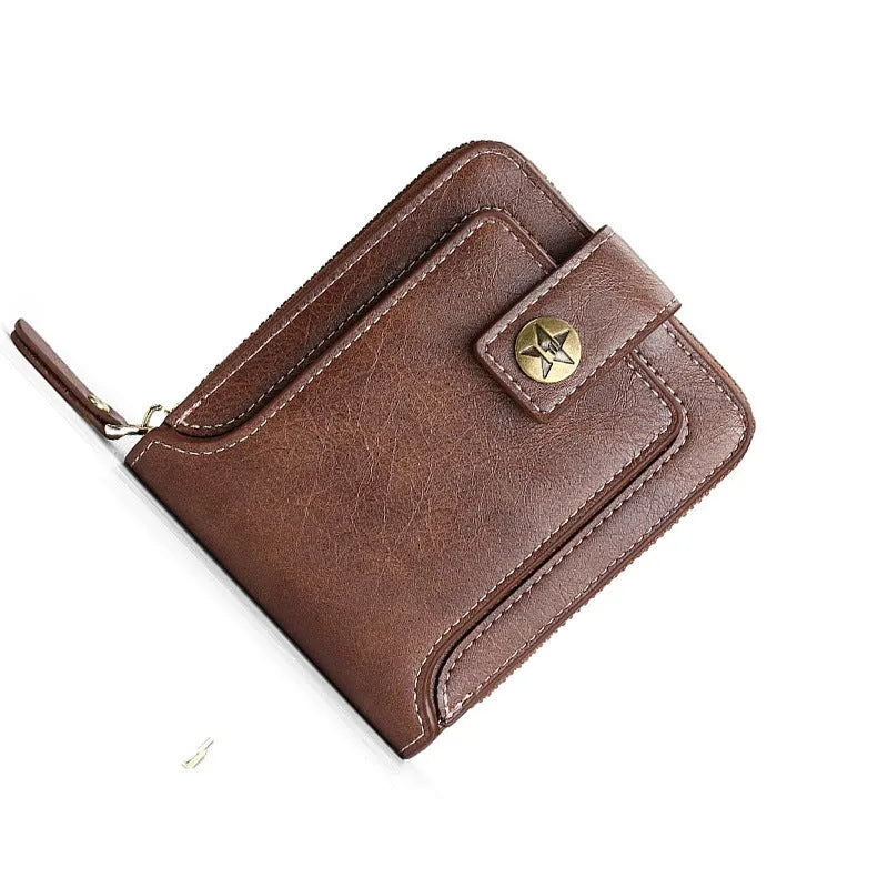 Men's short style bi-fold PU leather wallet in three colour options showing compact design
