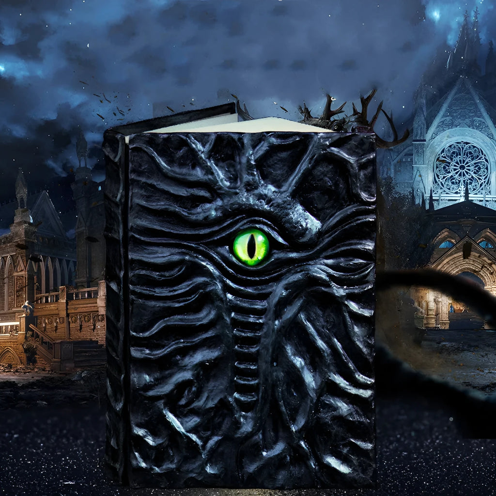 Dark kraft paper A6 notebook with an embossed Cthulhu design on the cover, shown next to a gift box.