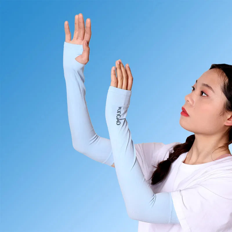 A pair of grey sun protection arm sleeves with an open-finger design on a neutral background.