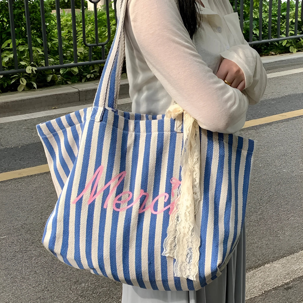 Blue striped letters printed cotton canvas bag with pink, blue and white striped design