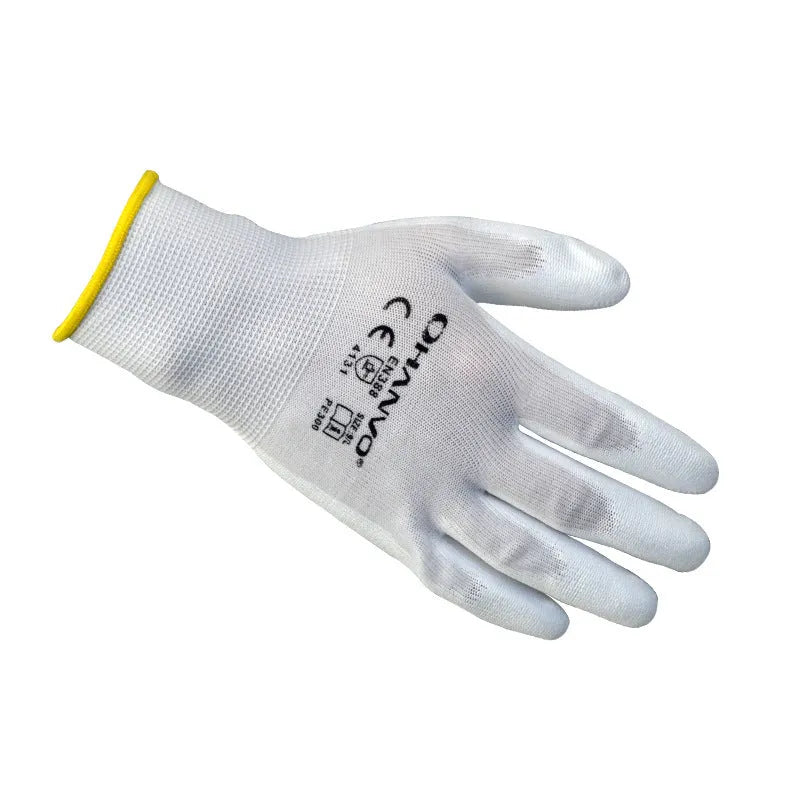 White PU coated labour gloves showing 24cm length and flexible design