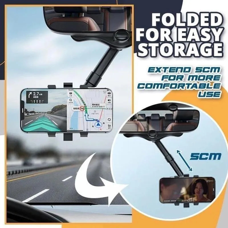 Black rearview mirror phone holder mounted on car mirror with phone in landscape orientation