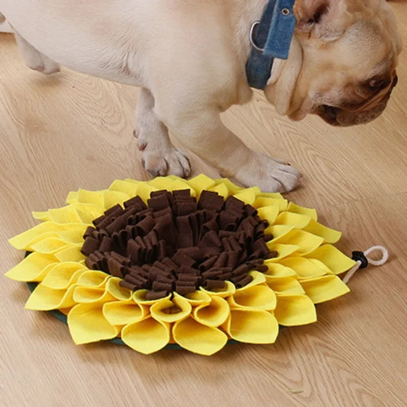 Yellow sunflower pattern dog snuffle mat measuring 37.5cm square with rope attachment