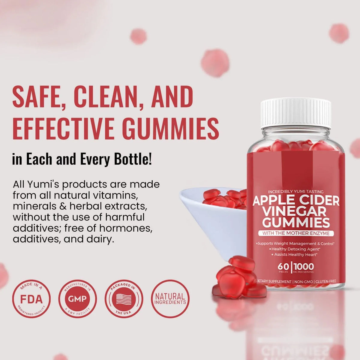 Bottle of 60 apple cider vinegar supplement gummies for adults.
